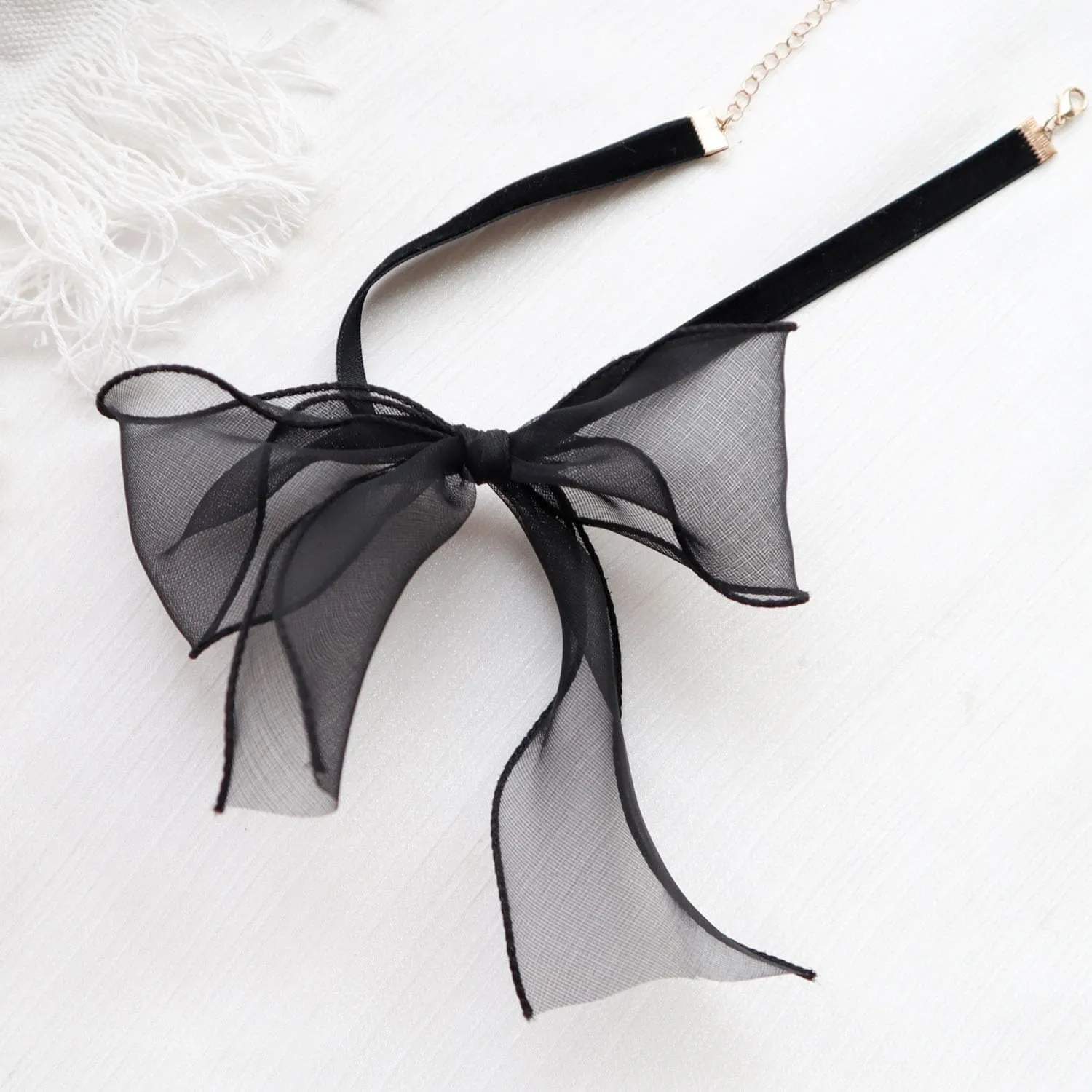 Black Velvet Lace Choker Collar Necklace With Red Bow - Goth Black Collar Necklace for Women