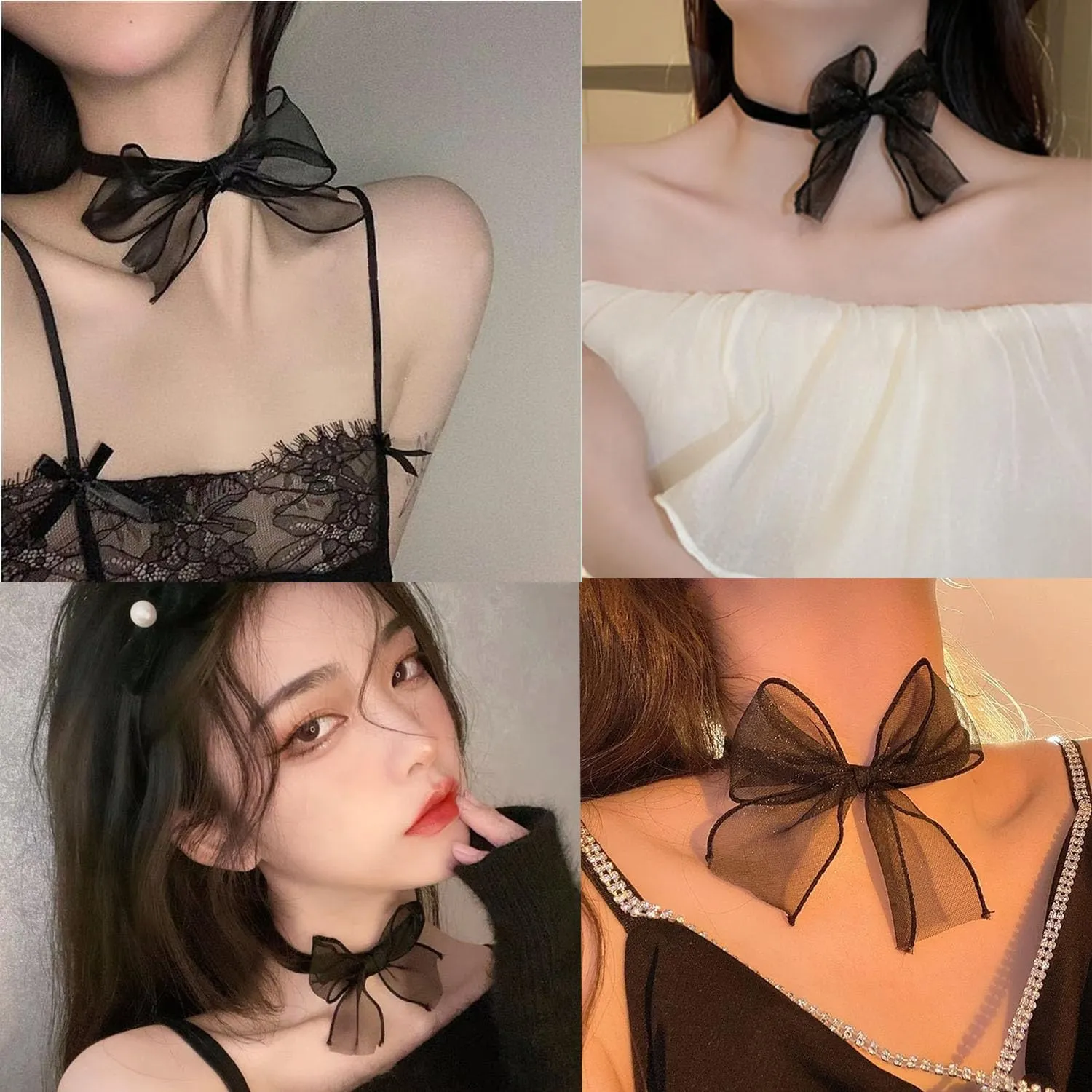 Black Velvet Lace Choker Collar Necklace With Red Bow - Goth Black Collar Necklace for Women