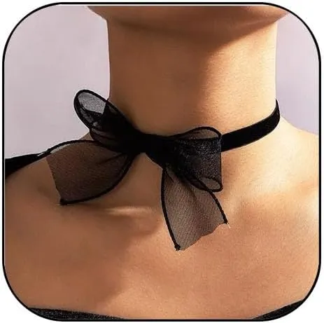 Black Velvet Lace Choker Collar Necklace With Red Bow - Goth Black Collar Necklace for Women