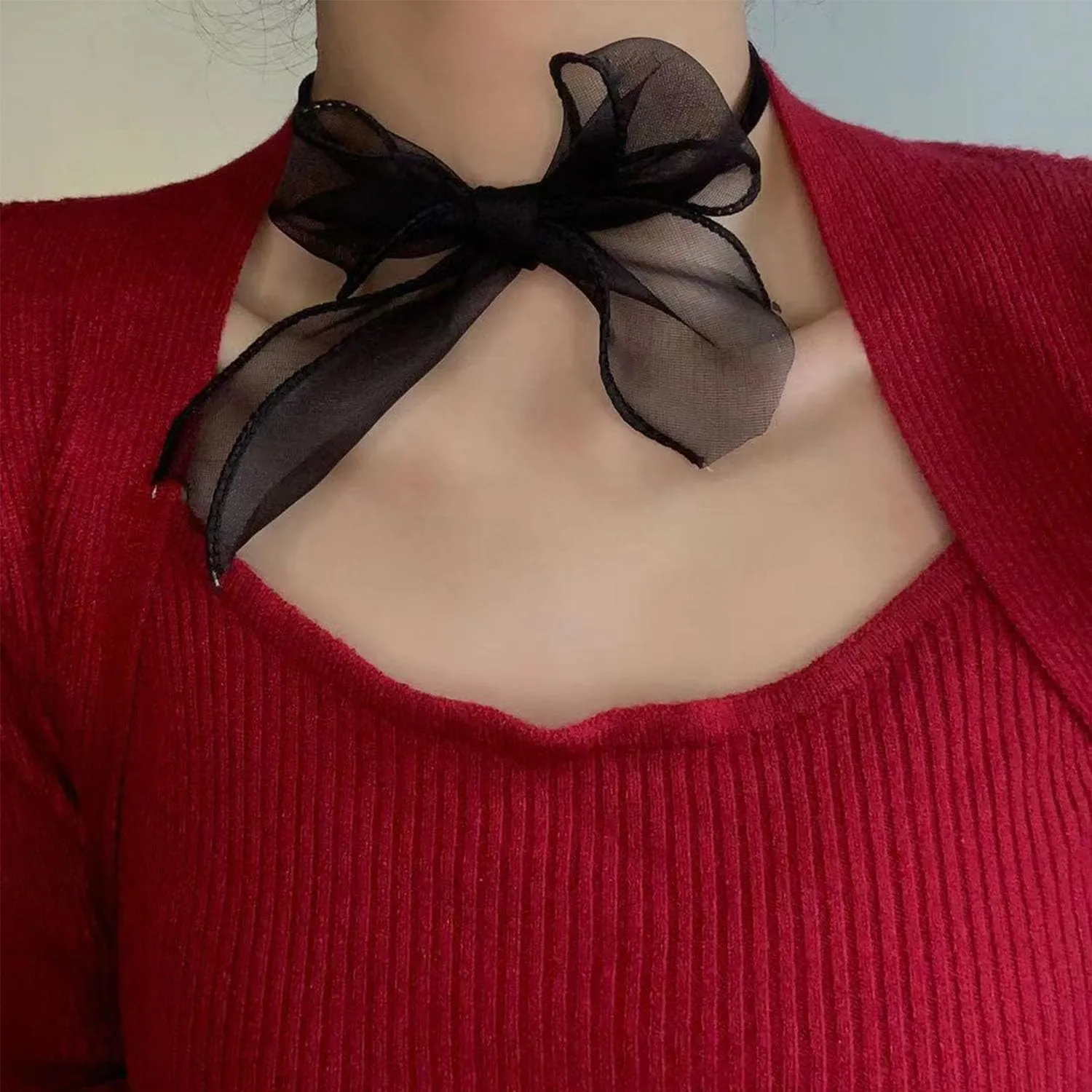 Black Velvet Lace Choker Collar Necklace With Red Bow - Goth Black Collar Necklace for Women