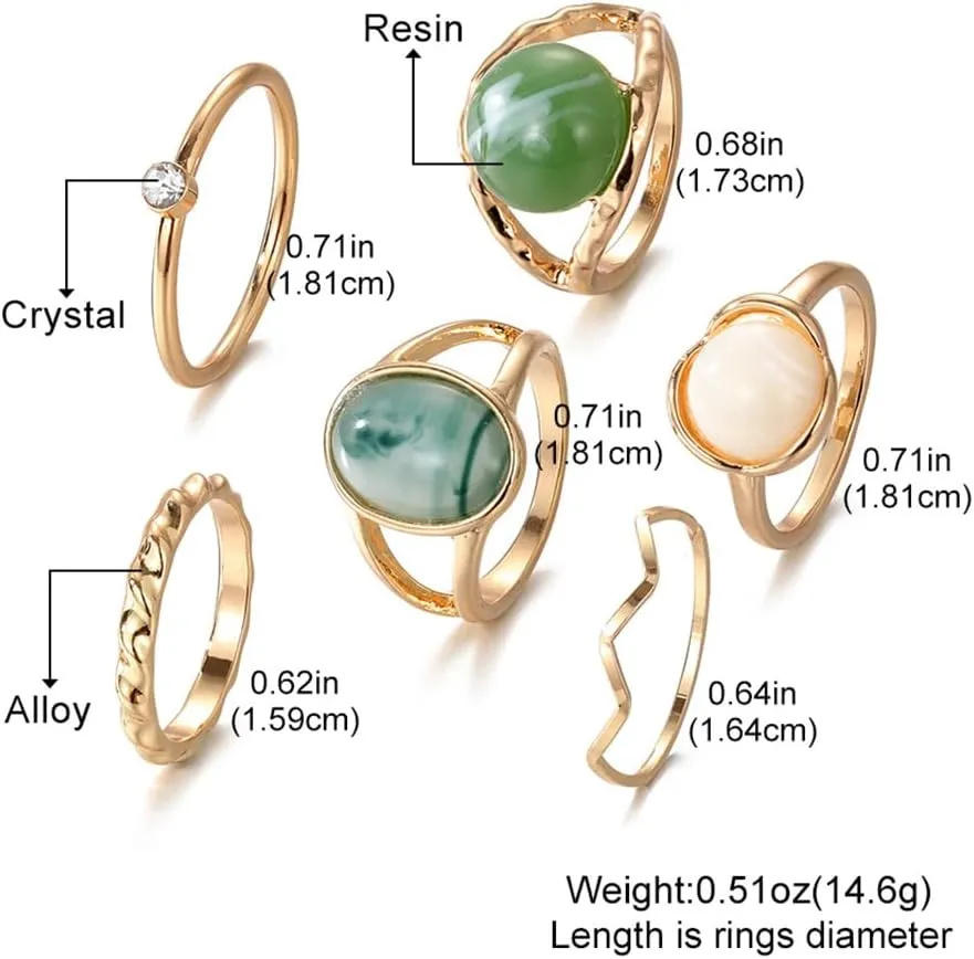Boho Gold Stackable Rings for Women,Vintage Green Natural Stone Rings Pack Trendy Statement Knuckle Rings Set,Aesthetic Party Jewelry Accessories