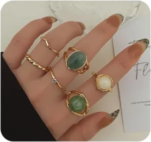 Boho Gold Stackable Rings for Women,Vintage Green Natural Stone Rings Pack Trendy Statement Knuckle Rings Set,Aesthetic Party Jewelry Accessories