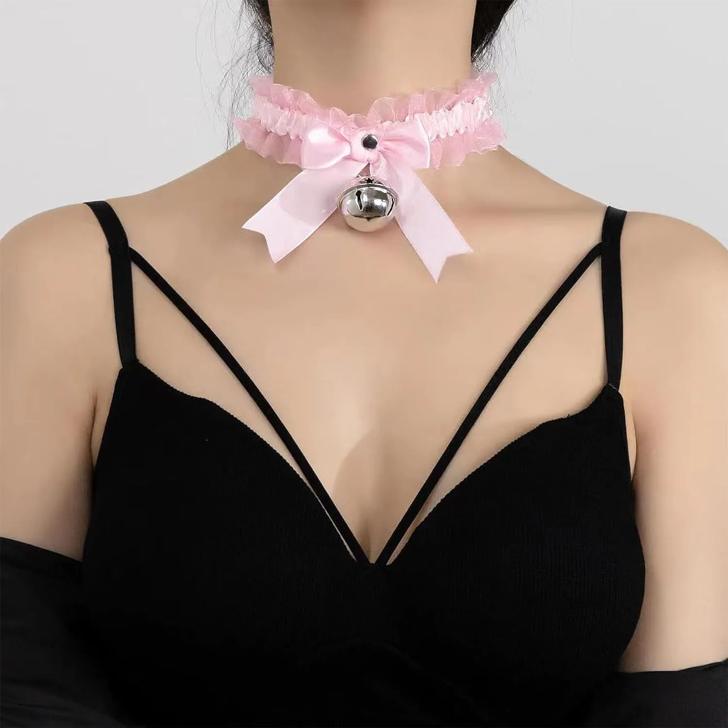Bow Bell Choker Necklace for Women Lolita Bowknot Lace Necklace Gothic Black Rivet Neck Chain Cosplay Costume Punk Party Neck Accessories