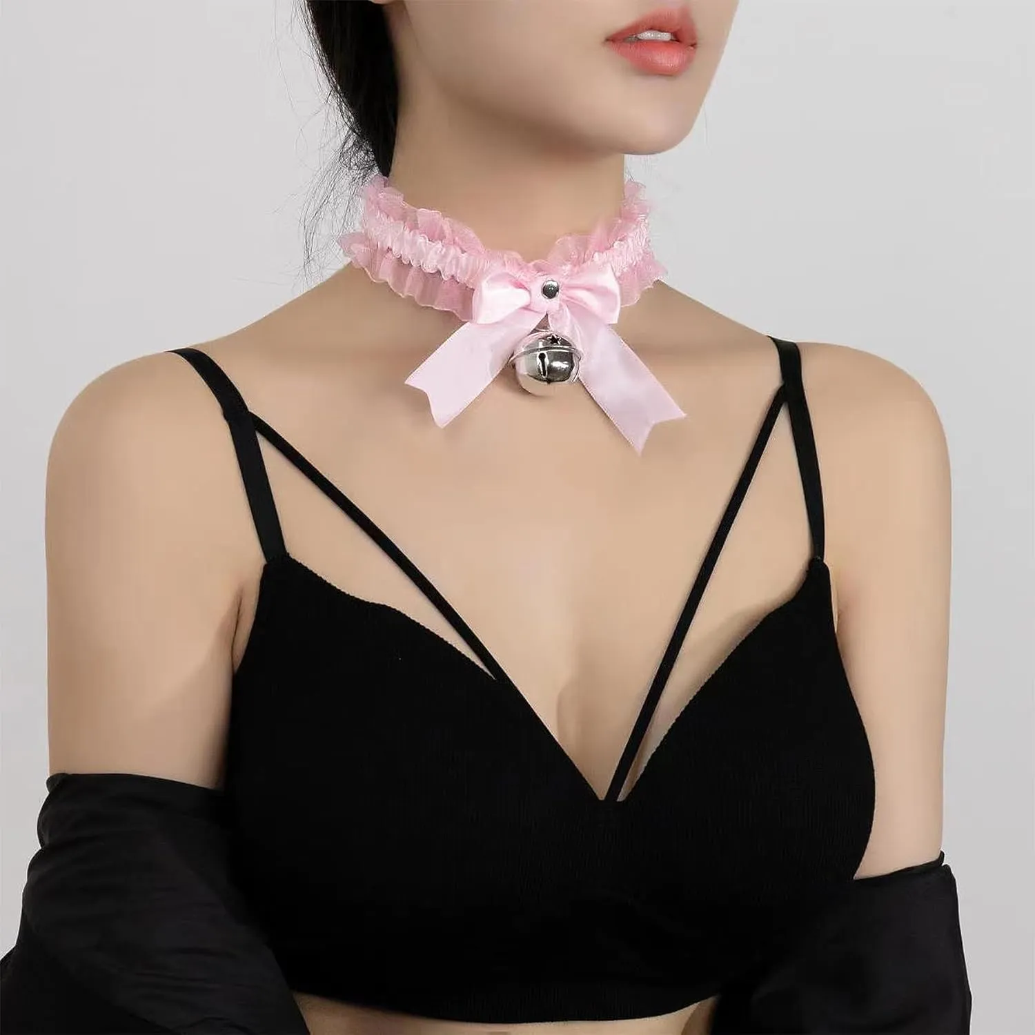 Bow Bell Choker Necklace for Women Lolita Bowknot Lace Necklace Gothic Black Rivet Neck Chain Cosplay Costume Punk Party Neck Accessories