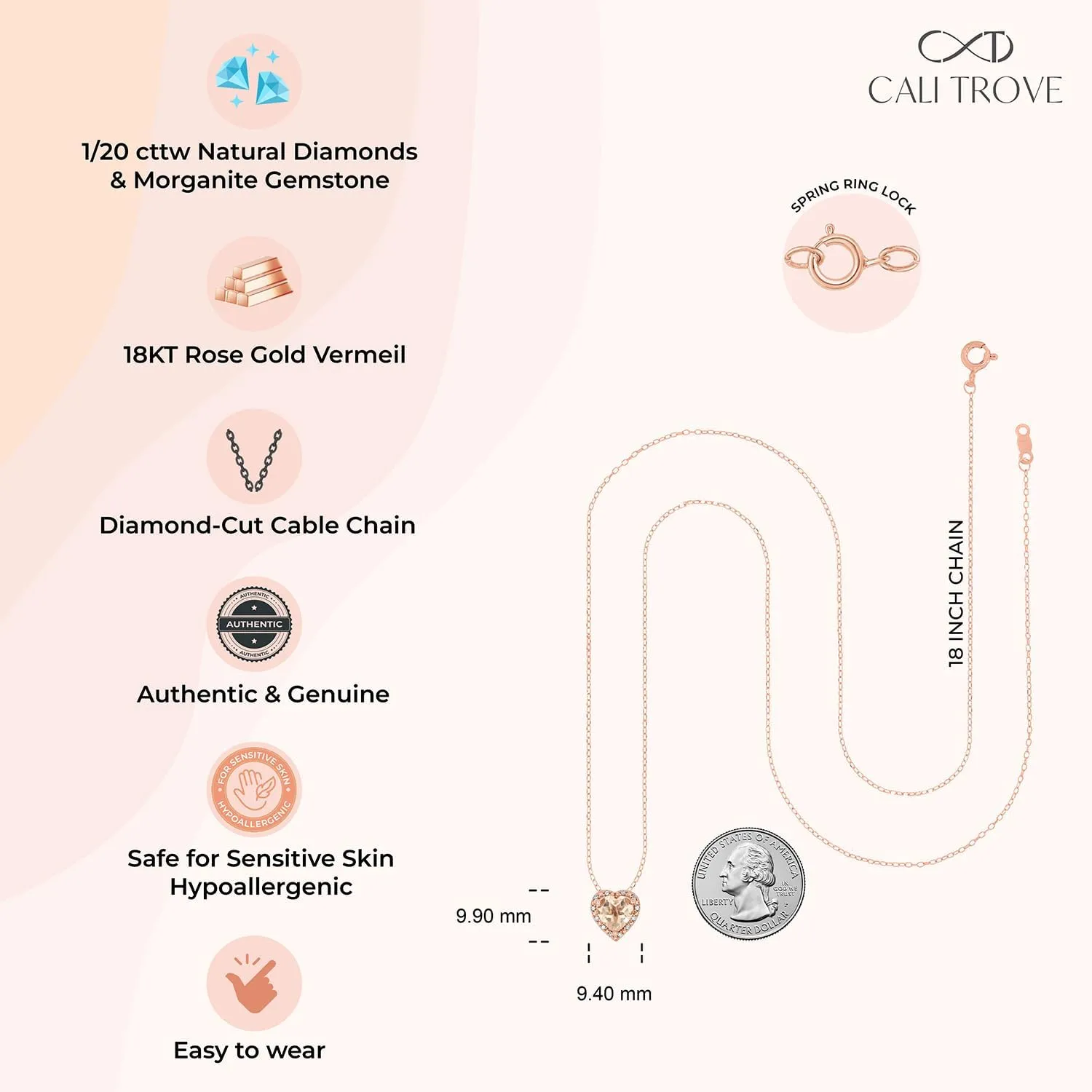 Cali Trove Heart Necklace for Women | Simulated Morganite Gemstone Pendant with 1/20 Ct Diamonds | 18KT Rose Gold Vermeil on 925 Sterling Silver | 18" Chain Included | Romantic Jewelry Gift for Her