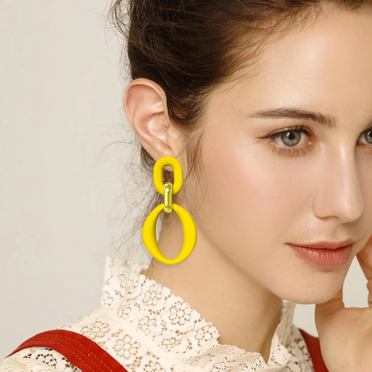 Candy Color Long Chain Link Dangle Earrings for Women Gold Plated Retro Oval Round U Shape Earring Studs