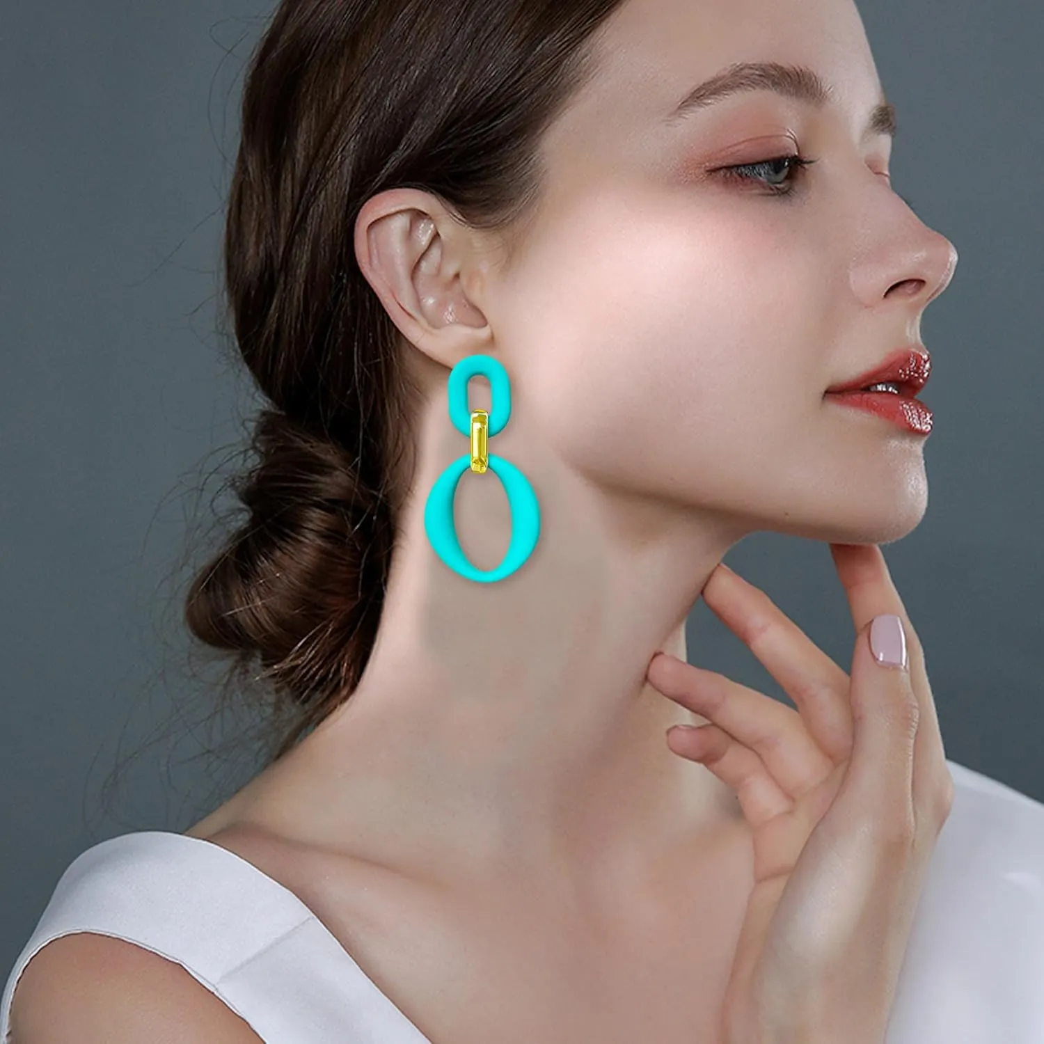 Candy Color Long Chain Link Dangle Earrings for Women Gold Plated Retro Oval Round U Shape Earring Studs