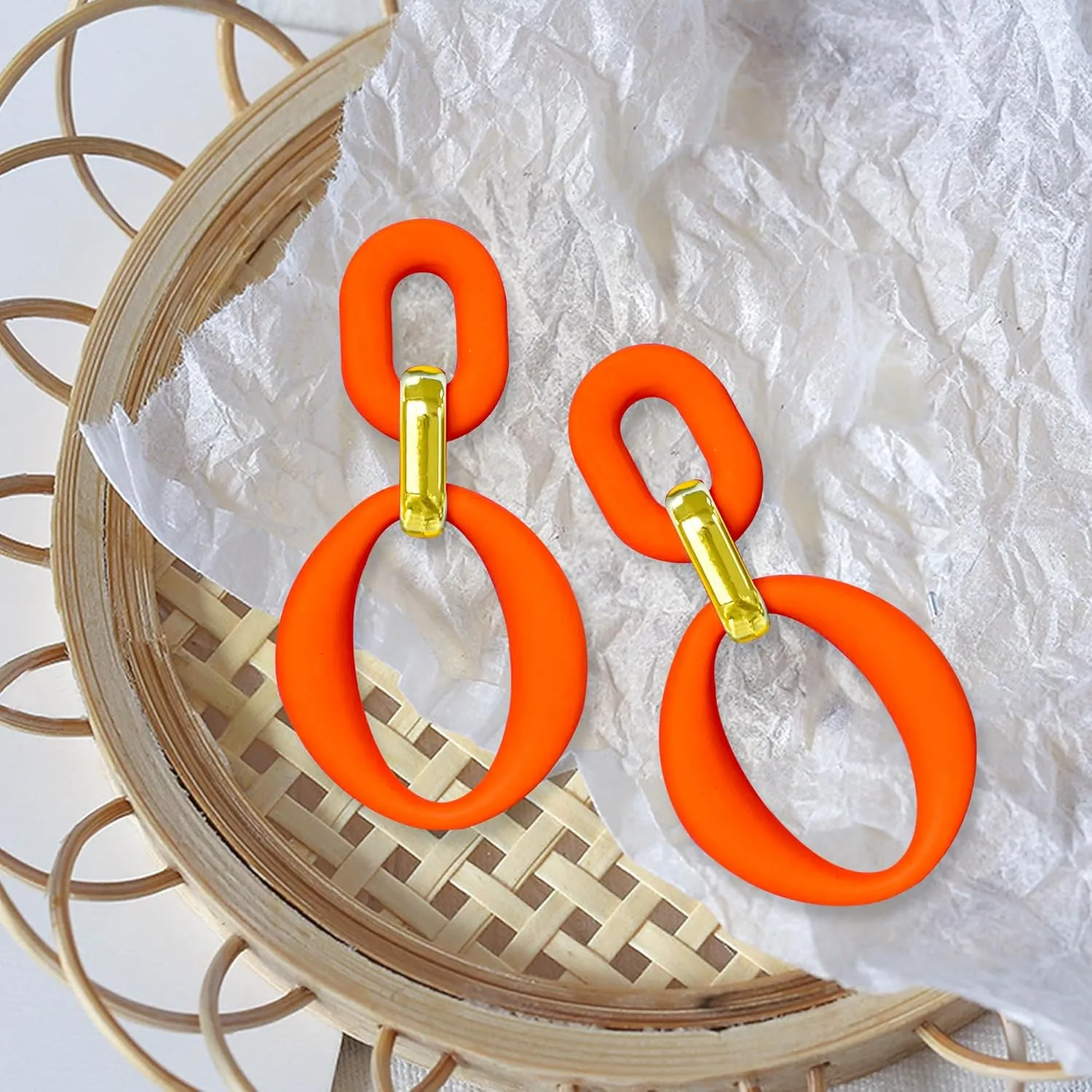 Candy Color Long Chain Link Dangle Earrings for Women Gold Plated Retro Oval Round U Shape Earring Studs