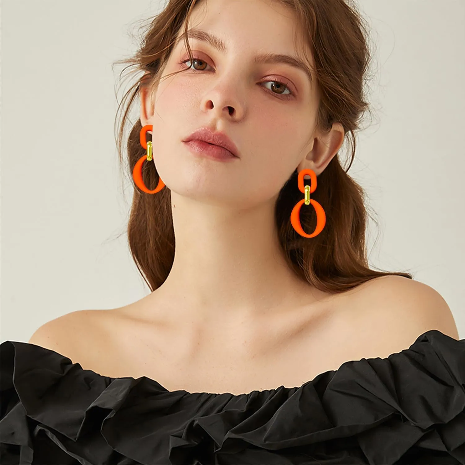 Candy Color Long Chain Link Dangle Earrings for Women Gold Plated Retro Oval Round U Shape Earring Studs