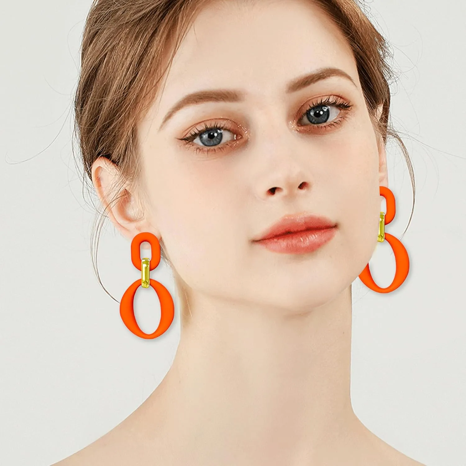 Candy Color Long Chain Link Dangle Earrings for Women Gold Plated Retro Oval Round U Shape Earring Studs