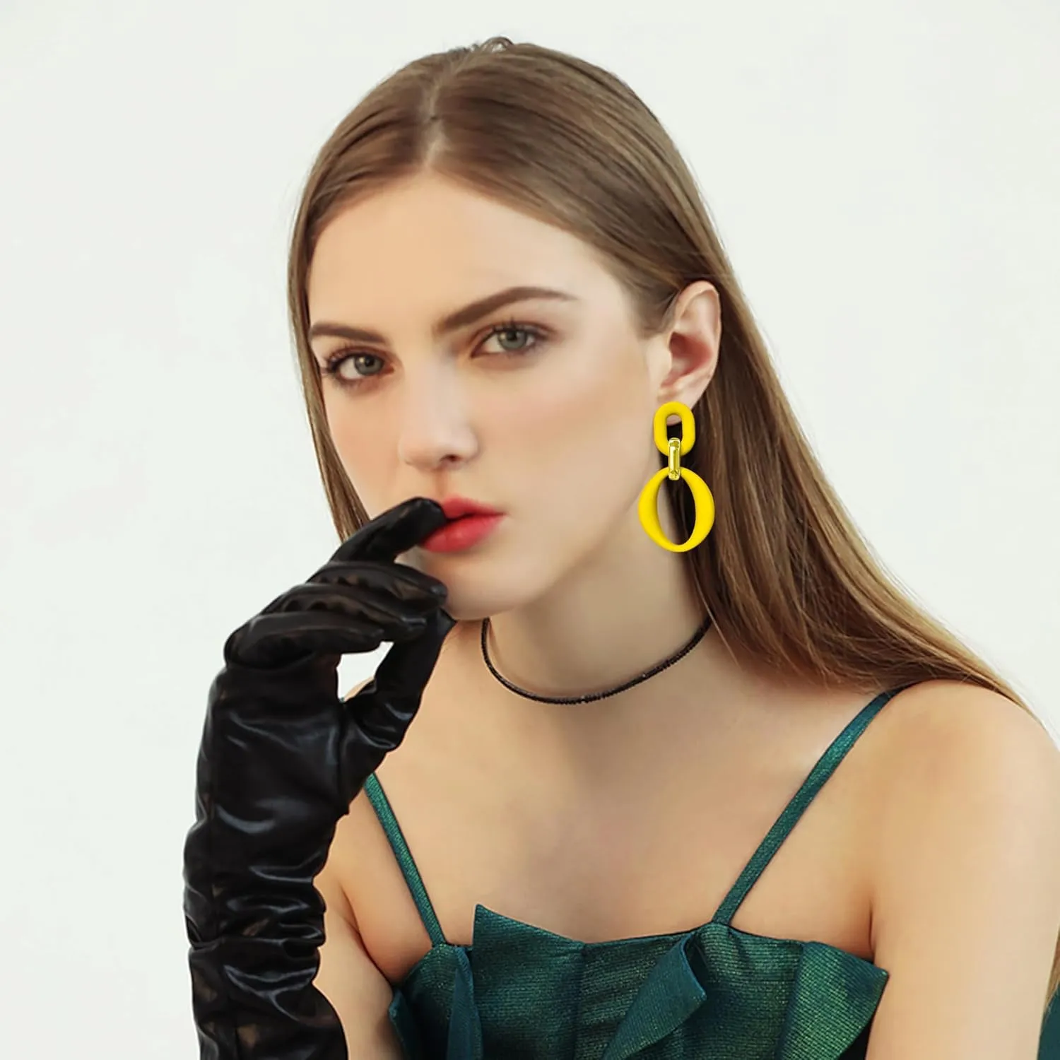 Candy Color Long Chain Link Dangle Earrings for Women Gold Plated Retro Oval Round U Shape Earring Studs