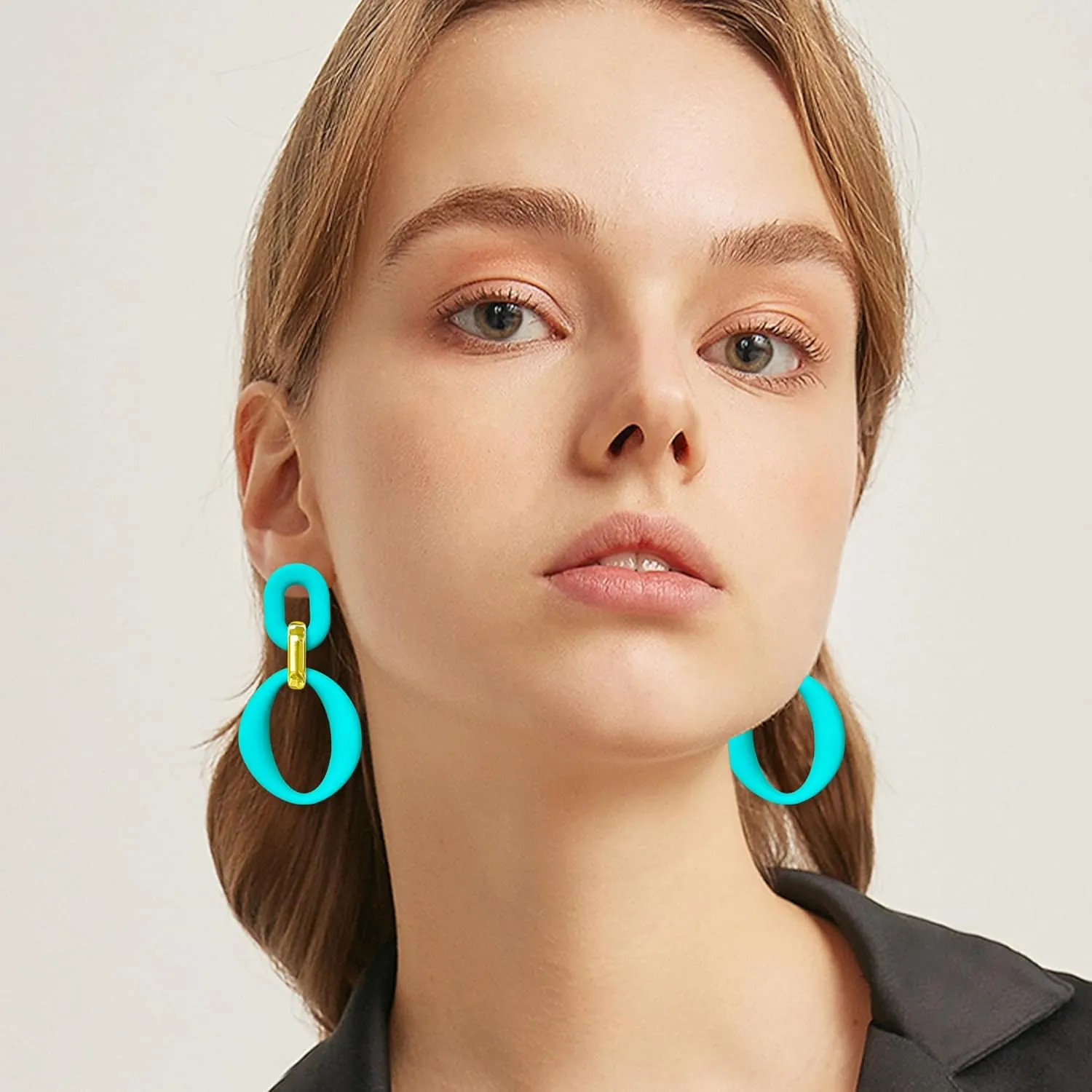 Candy Color Long Chain Link Dangle Earrings for Women Gold Plated Retro Oval Round U Shape Earring Studs