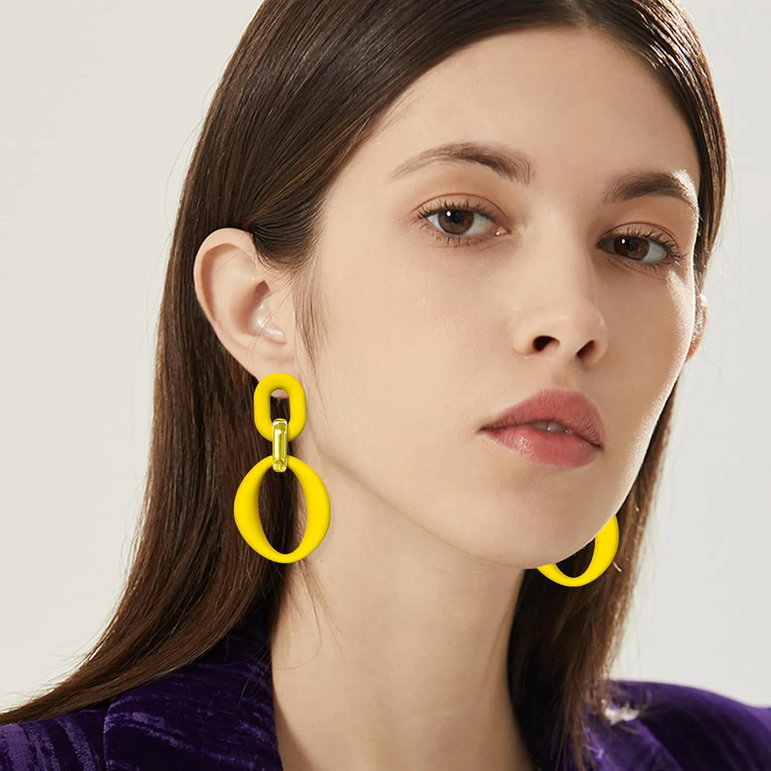 Candy Color Long Chain Link Dangle Earrings for Women Gold Plated Retro Oval Round U Shape Earring Studs