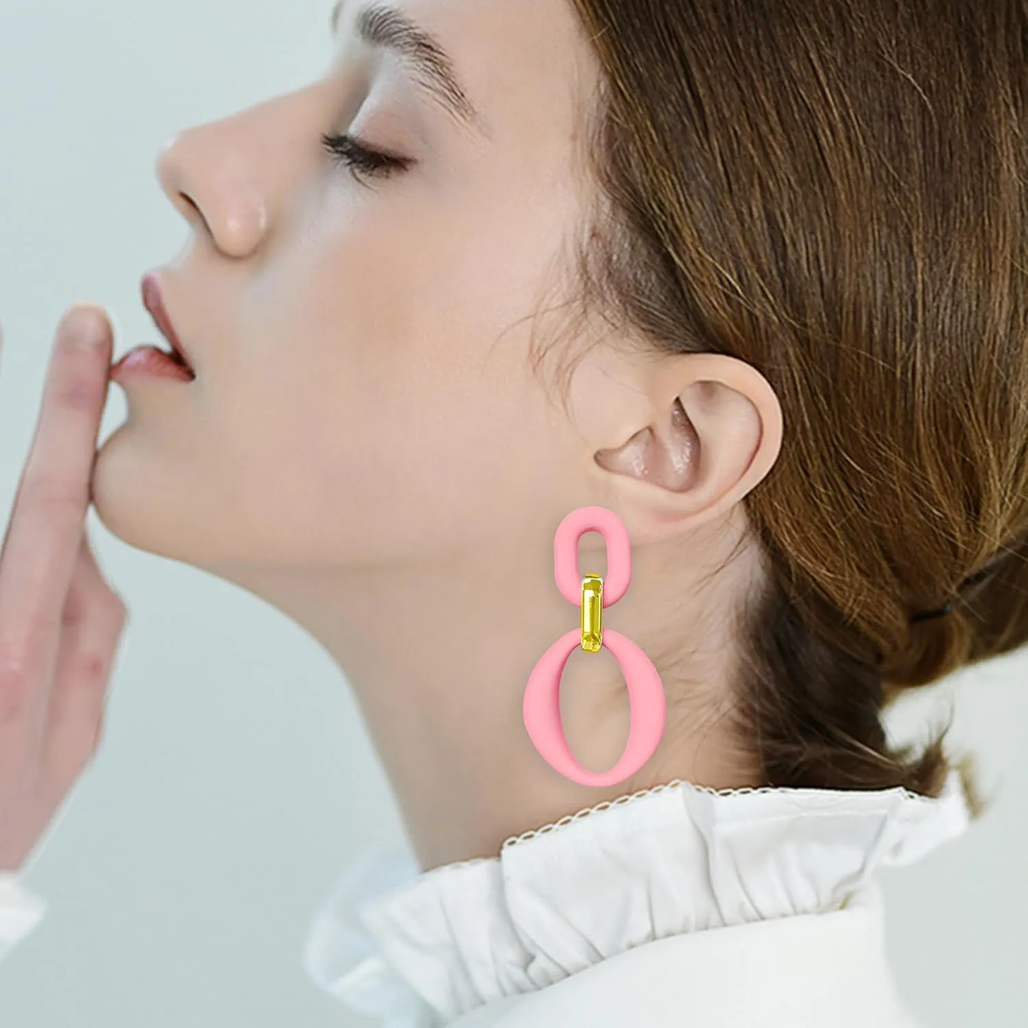 Candy Color Long Chain Link Dangle Earrings for Women Gold Plated Retro Oval Round U Shape Earring Studs