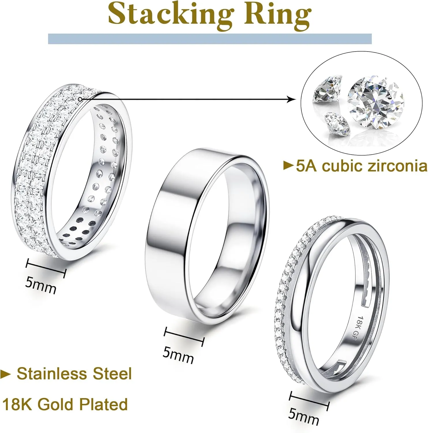 CASSIECA Stackable Gold Rings for Women Non Tarnish Dainty 18K Gold Plated Stacking Rings Set for Women Cubic Zirconia Thumb Wedding Engagement Bands Gold Rings Size 5-10