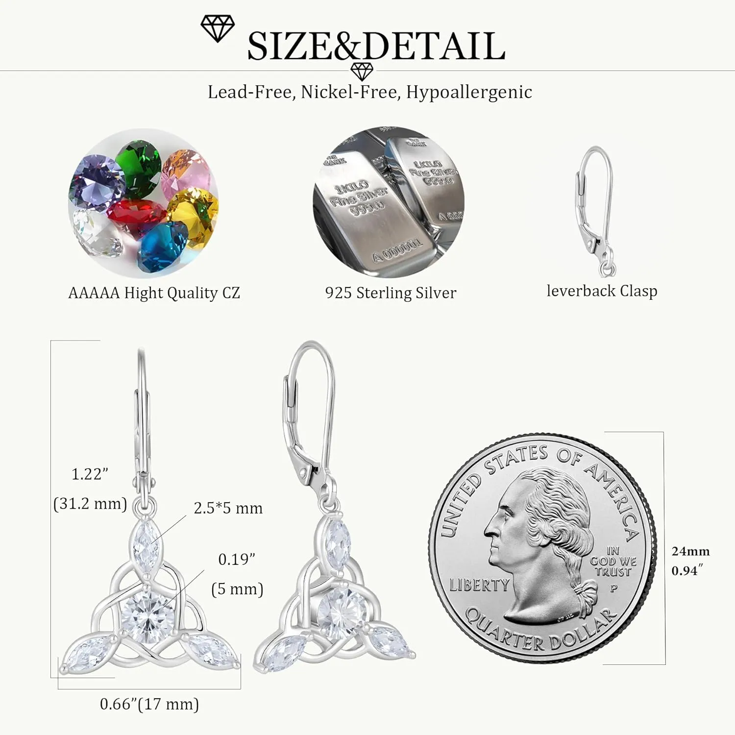 Celtic Knot Earrings for Women 925 Sterling Silver Irish Dangle Drop Leverback Earrings Hypoallergenic Jewelry for Women Mother Her