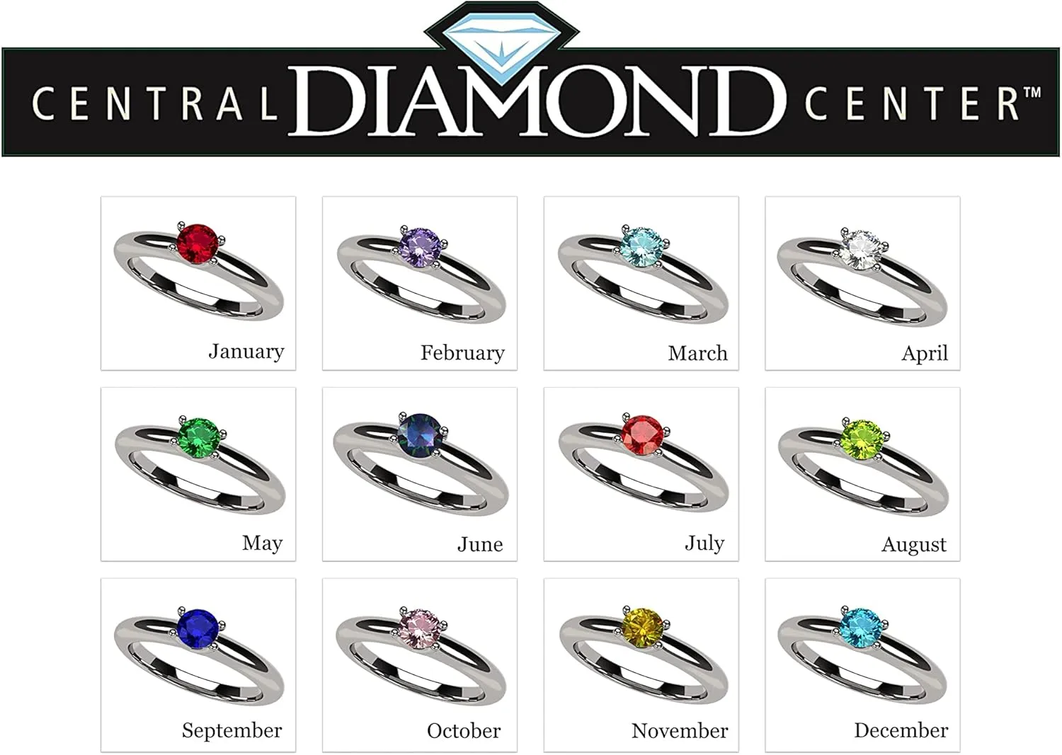 Central Diamond Center Lucita Solitaire Birthstone Ring set in Solid 925 Sterling Silver w/Simulated Gemstone of Your Choice