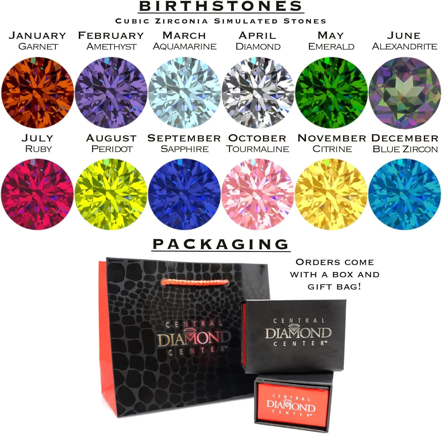 Central Diamond Center Lucita Solitaire Birthstone Ring set in Solid 925 Sterling Silver w/Simulated Gemstone of Your Choice