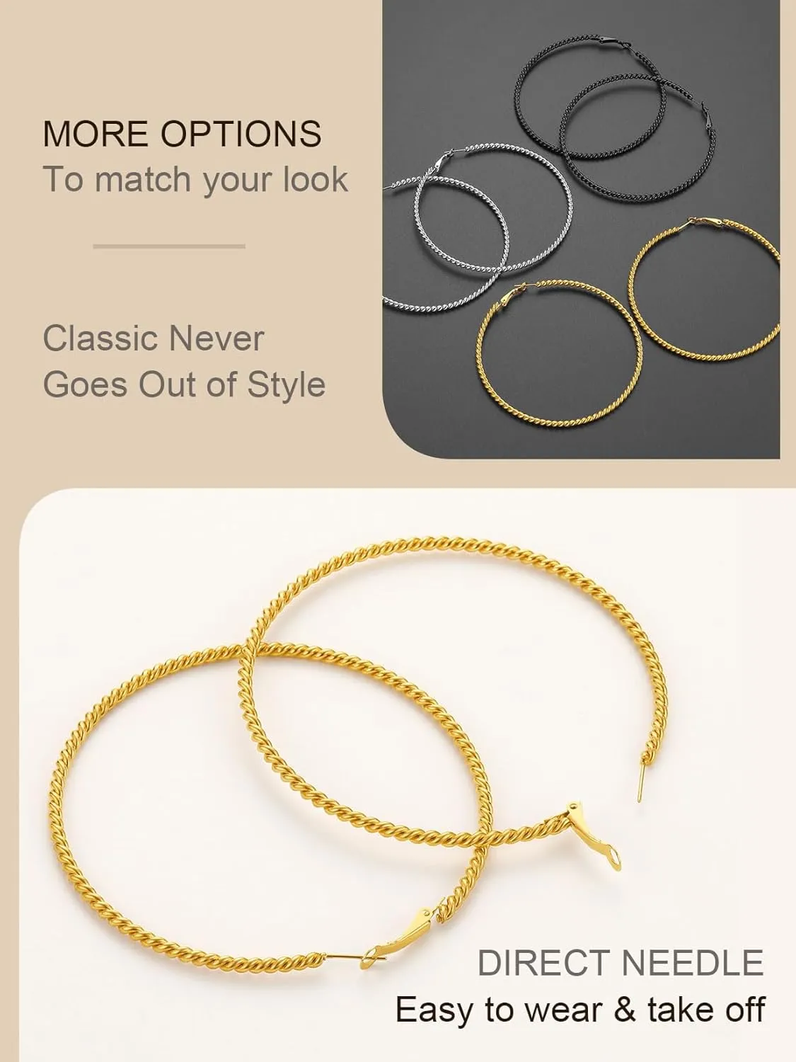 ChainsProMax 40-100MM Twisted Hoop Earrings, Hypoallergenic Stainless Steel/14K Gold Plated/Black Earrings-with Gift Box