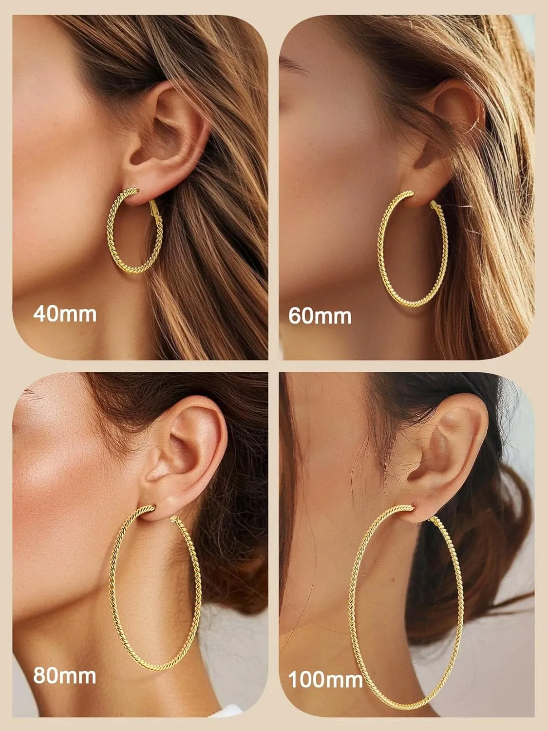 ChainsProMax 40-100MM Twisted Hoop Earrings, Hypoallergenic Stainless Steel/14K Gold Plated/Black Earrings-with Gift Box