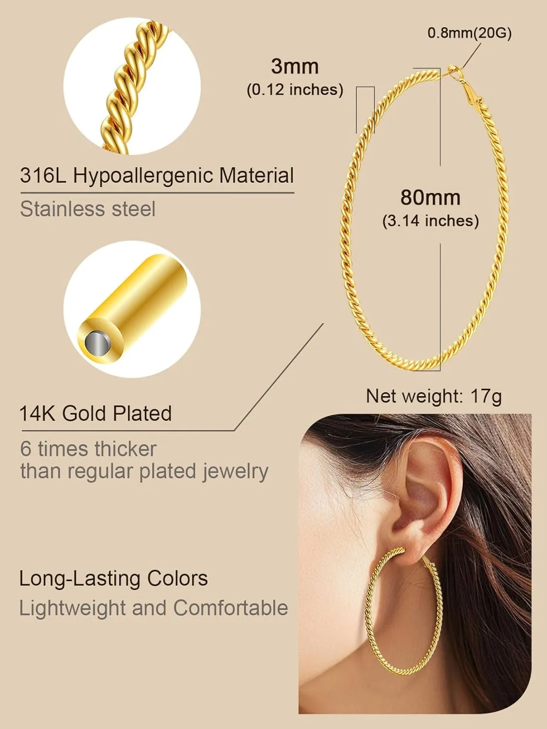 ChainsProMax 40-100MM Twisted Hoop Earrings, Hypoallergenic Stainless Steel/14K Gold Plated/Black Earrings-with Gift Box