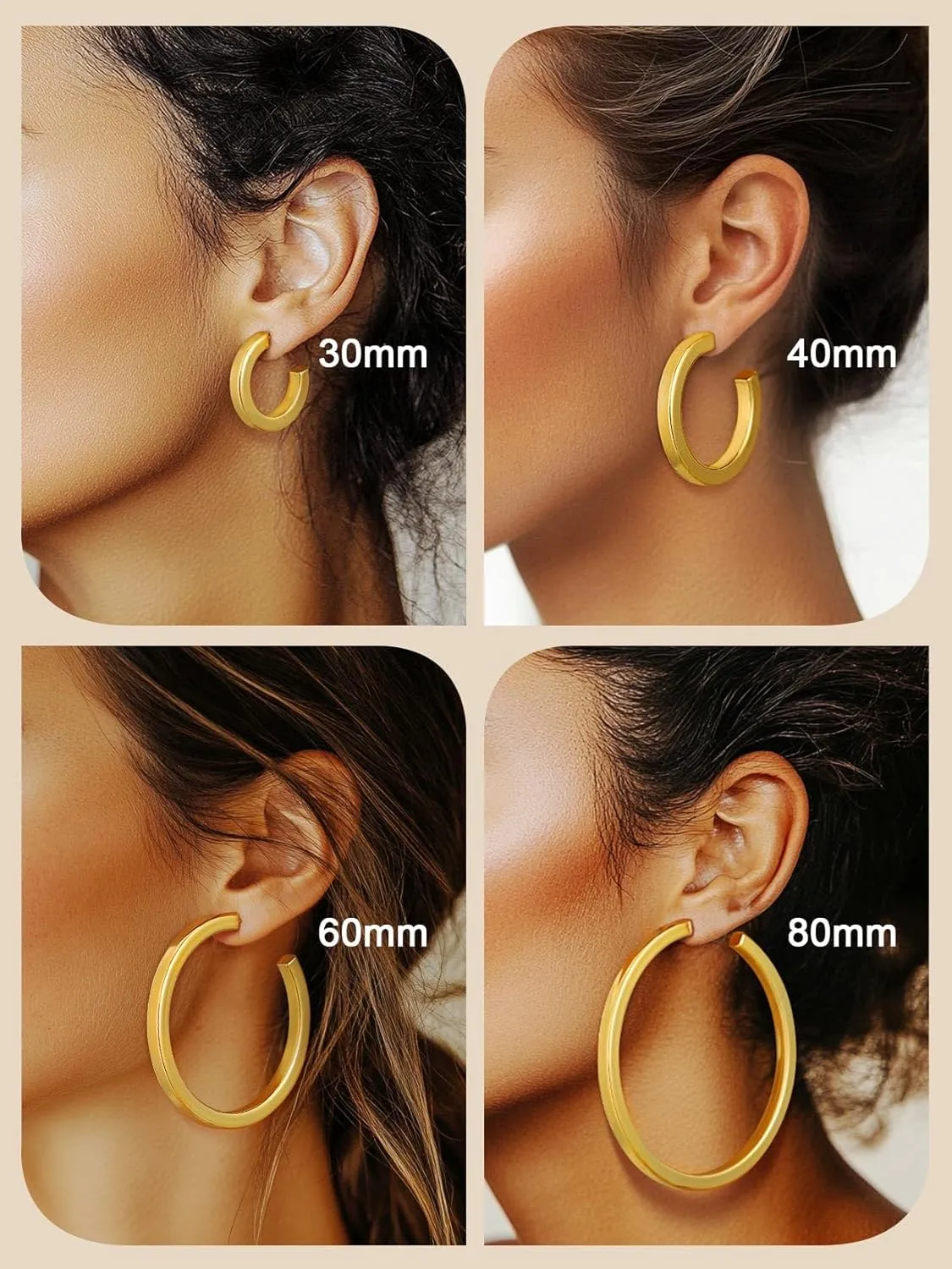ChainsProMax Hypoallergenic Hoop Earrings for Women, 30/40/60/80MM Small Medium Large Size, Stainless Steel/14K Gold Plated/Black, with Gift Box