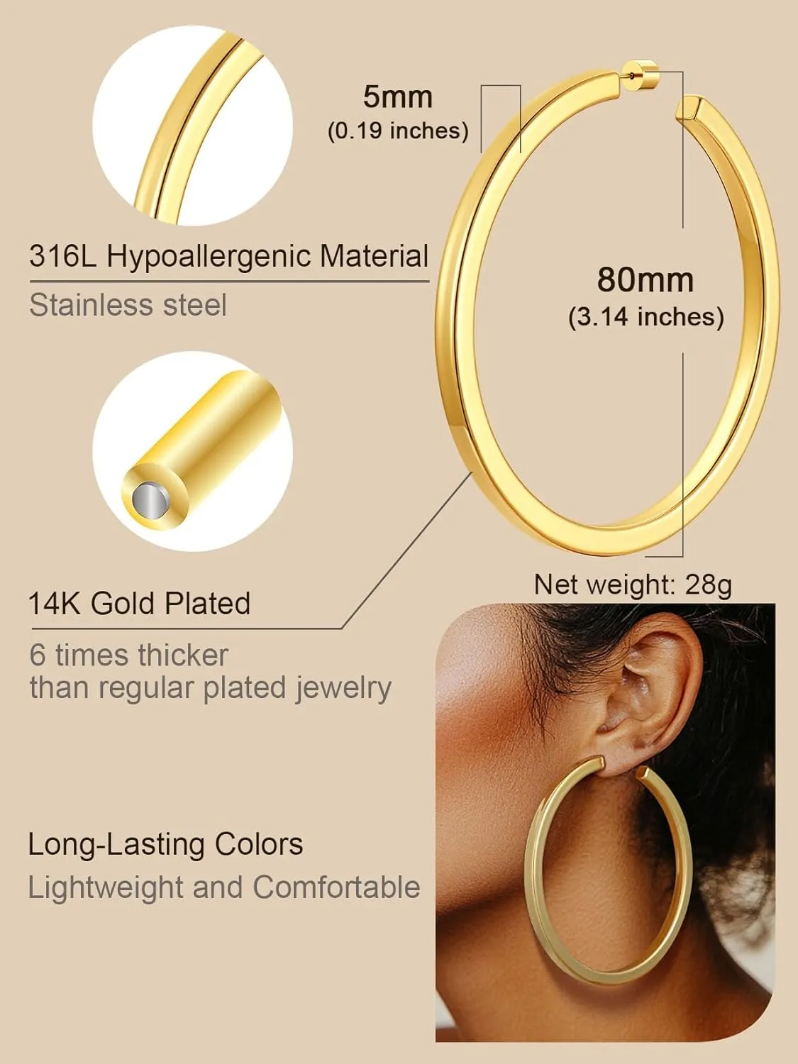ChainsProMax Hypoallergenic Hoop Earrings for Women, 30/40/60/80MM Small Medium Large Size, Stainless Steel/14K Gold Plated/Black, with Gift Box