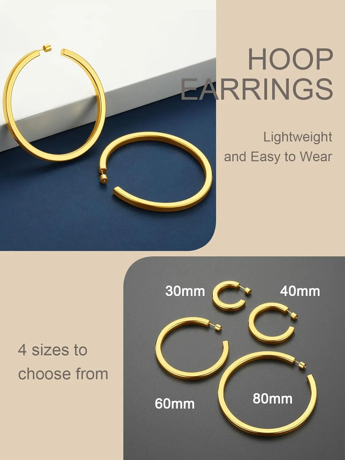 ChainsProMax Hypoallergenic Hoop Earrings for Women, 30/40/60/80MM Small Medium Large Size, Stainless Steel/14K Gold Plated/Black, with Gift Box