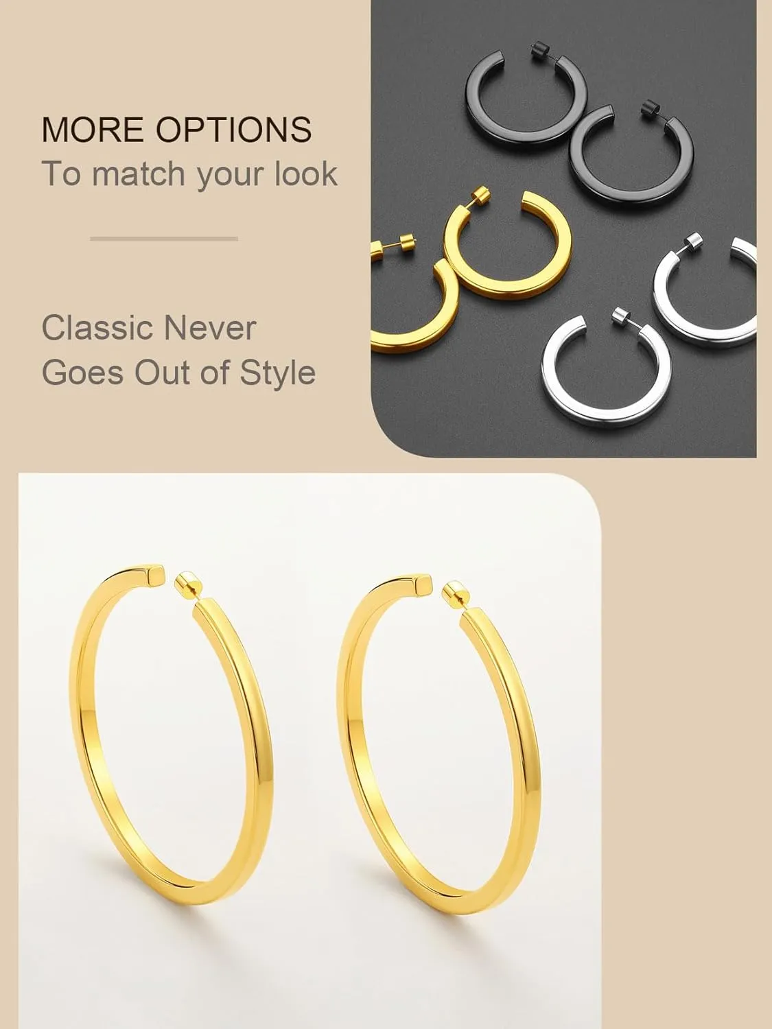 ChainsProMax Hypoallergenic Hoop Earrings for Women, 30/40/60/80MM Small Medium Large Size, Stainless Steel/14K Gold Plated/Black, with Gift Box