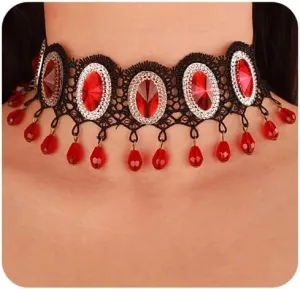 Chargances Gothic Black Lace Choker Red Rhinestone Necklace Halloween Crystal Statemen Royal Court Vampire Chokers Collar Costume for Women (Style 2)
