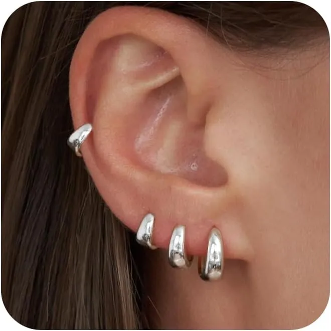 CHESKY 4 Pairs Small Gold Huggie Hoop Earrings for Women - Chunky 14K Gold Plated/Silver Lightweight Hypoallergenic Earring Stacks Cartilage Hoop Earrings Set for Multiple Piercing Trendy Jewelry