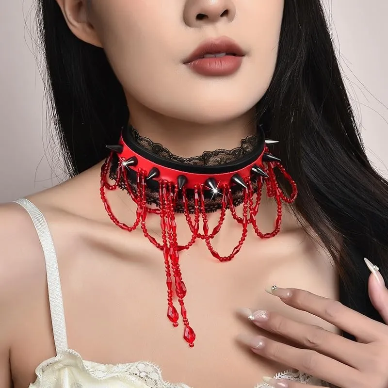 Chokers Rivet crystal rock crystal tassel collar Gothic Punk Spiked Choker Necklace Black PU Leather
