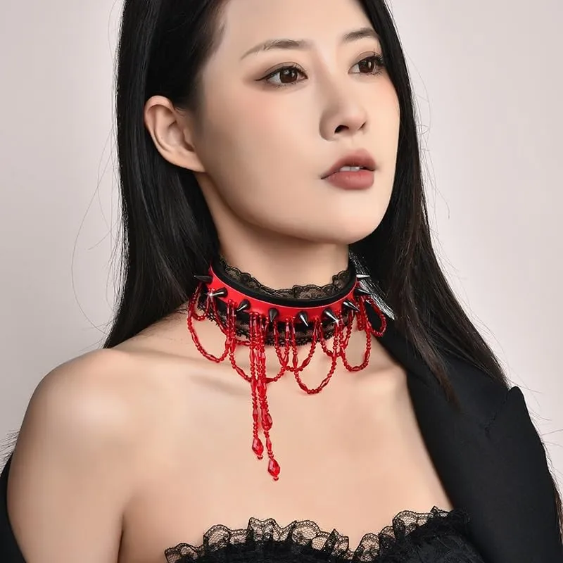 Chokers Rivet crystal rock crystal tassel collar Gothic Punk Spiked Choker Necklace Black PU Leather