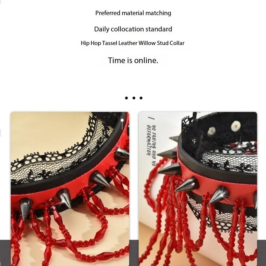 Chokers Rivet crystal rock crystal tassel collar Gothic Punk Spiked Choker Necklace Black PU Leather