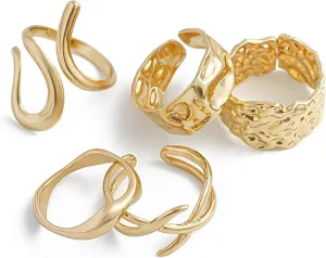 Chunky Gold Rings Set Stackable for Women Trendy, Silver Open Thick Oval Hammered Rings Stacking Knuckle Thumb Ring Set Retro Accessories Jewelry Gift (Gold X)