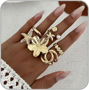 Chunky Gold Starfish Rings for Women Stackable Knuckle Ring Set Vintage Floral Bohemian Statement Rings Adjustable Irregular Ring for Women