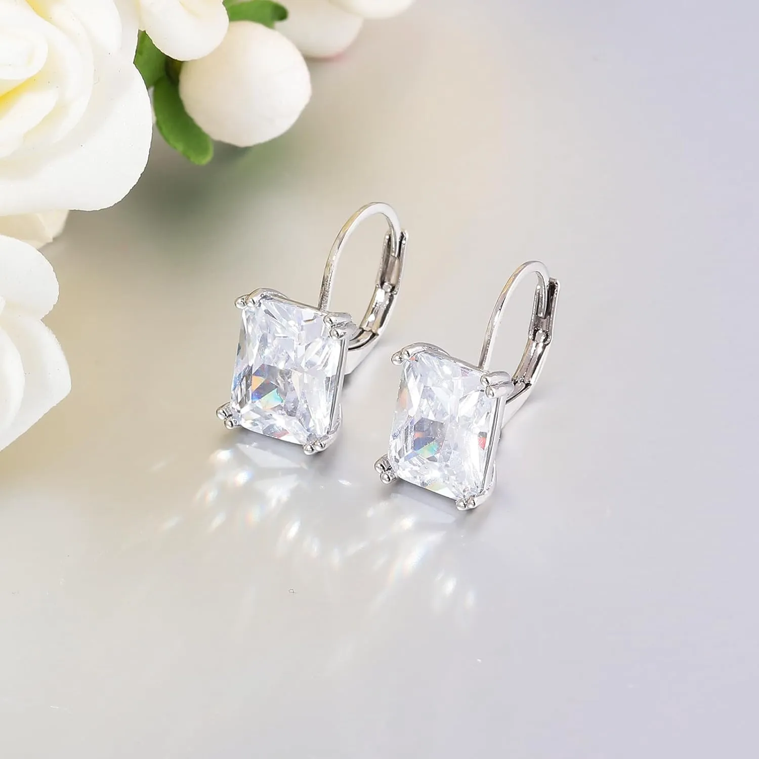 CiNily Emerald Cut Drop Dangle Earrings for Women 18K White Gold Plated Cubic Zirconia Simulated Diamond Dangle Earrings Jewelry Gifts for Weddings Birthday Party