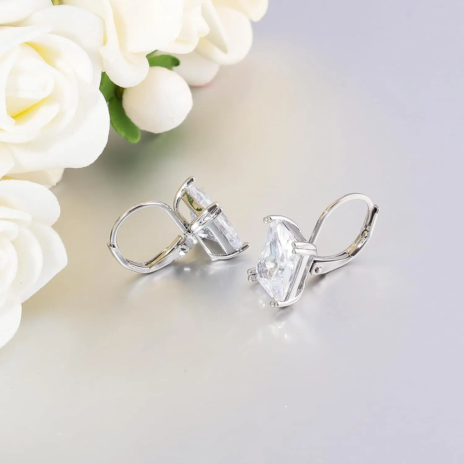 CiNily Emerald Cut Drop Dangle Earrings for Women 18K White Gold Plated Cubic Zirconia Simulated Diamond Dangle Earrings Jewelry Gifts for Weddings Birthday Party