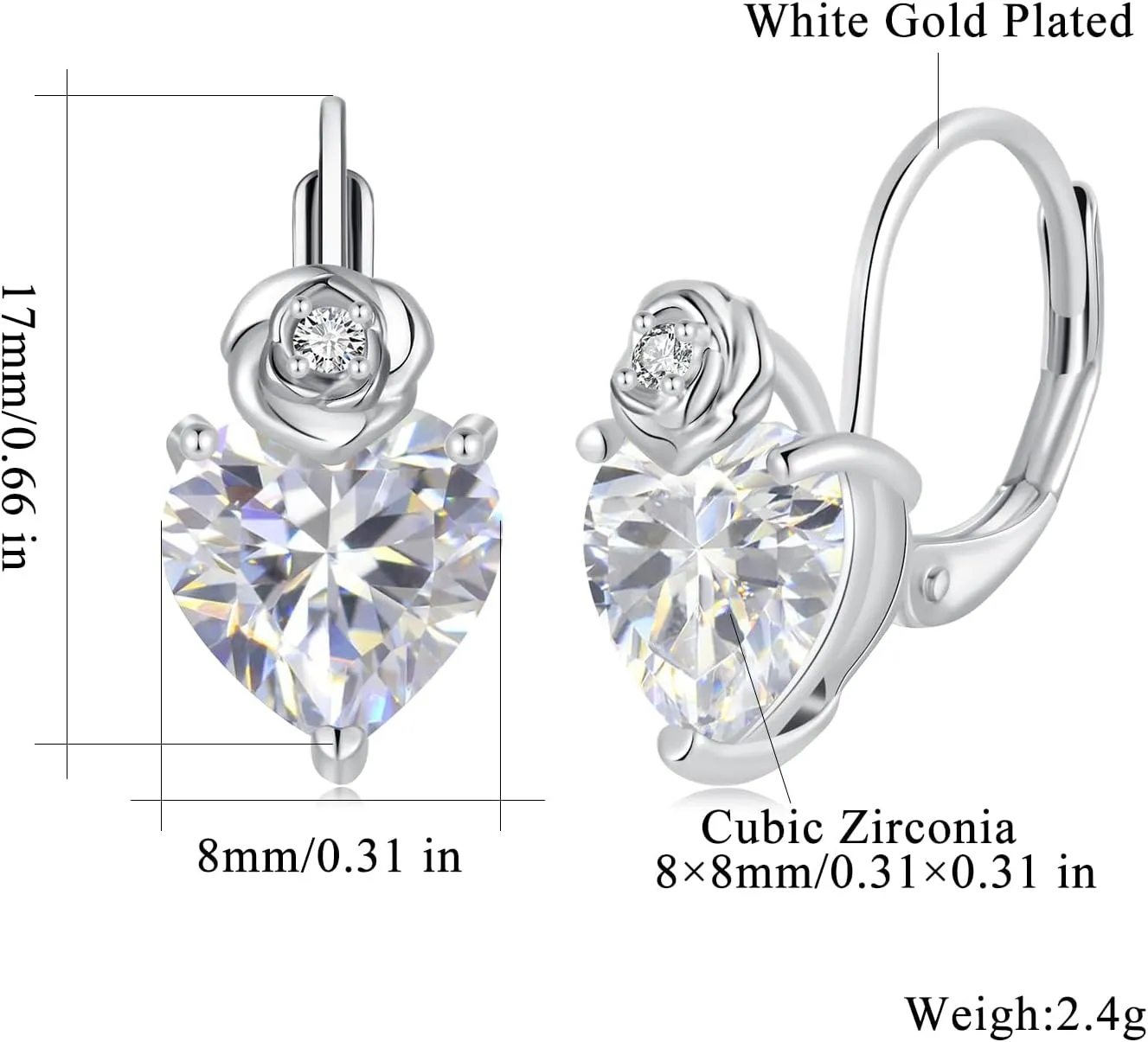 CiNily Heart CZ Leverback Dangle Earrings 18K White Gold Plated Cubic Zirconia Drop Earrings Simulated Diamond Dangle Earrings Fashion Dainty Jewelry Gifts for Women Hypoallergenic
