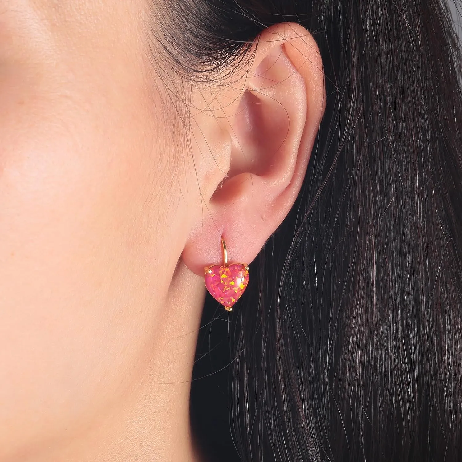 CiNily Heart Opal Earrings Short Leverback Drop Earrings for Women Hypoallergenic, Pendant Earrings 14K White Gold / Rose Gold Plated Hanging Lever Earrings Opal Hoops Fashion Jewelry Gifts for Sensitive Ears