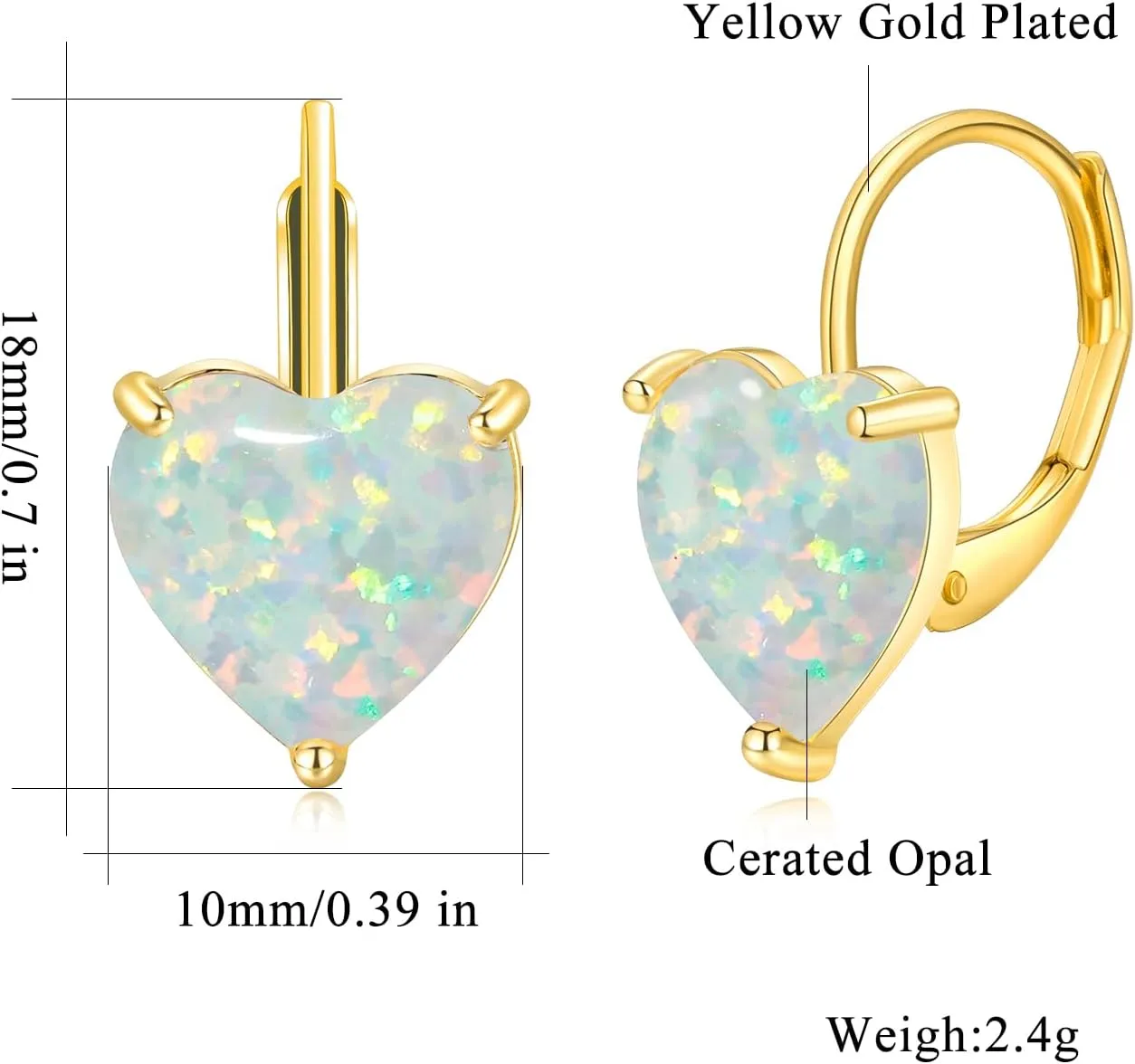 CiNily Heart Opal Earrings Short Leverback Drop Earrings for Women Hypoallergenic, Pendant Earrings 14K White Gold / Rose Gold Plated Hanging Lever Earrings Opal Hoops Fashion Jewelry Gifts for Sensitive Ears
