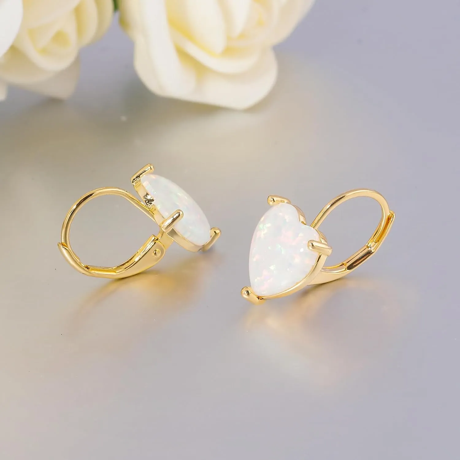 CiNily Heart Opal Earrings Short Leverback Drop Earrings for Women Hypoallergenic, Pendant Earrings 14K White Gold / Rose Gold Plated Hanging Lever Earrings Opal Hoops Fashion Jewelry Gifts for Sensitive Ears