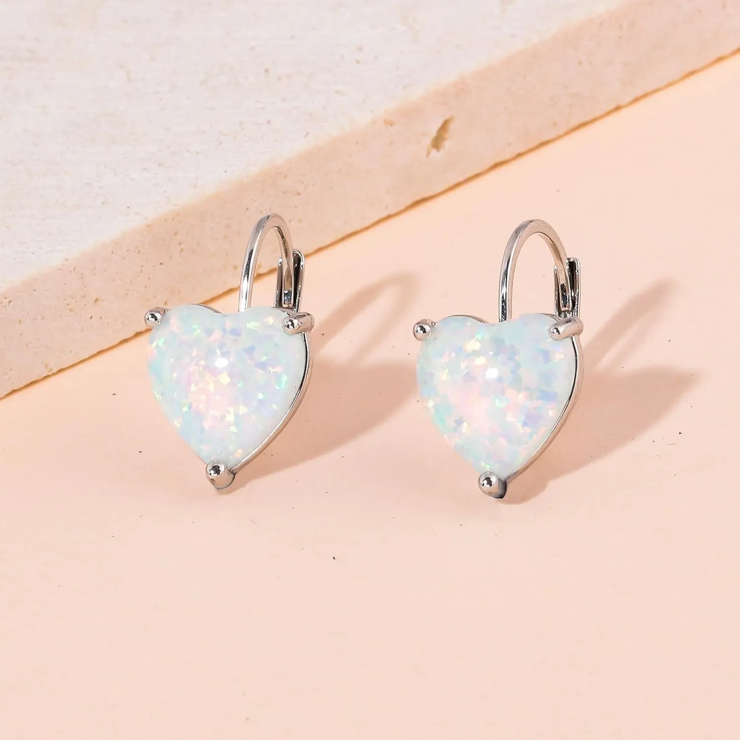 CiNily Heart Opal Earrings Short Leverback Drop Earrings for Women Hypoallergenic, Pendant Earrings 14K White Gold / Rose Gold Plated Hanging Lever Earrings Opal Hoops Fashion Jewelry Gifts for Sensitive Ears