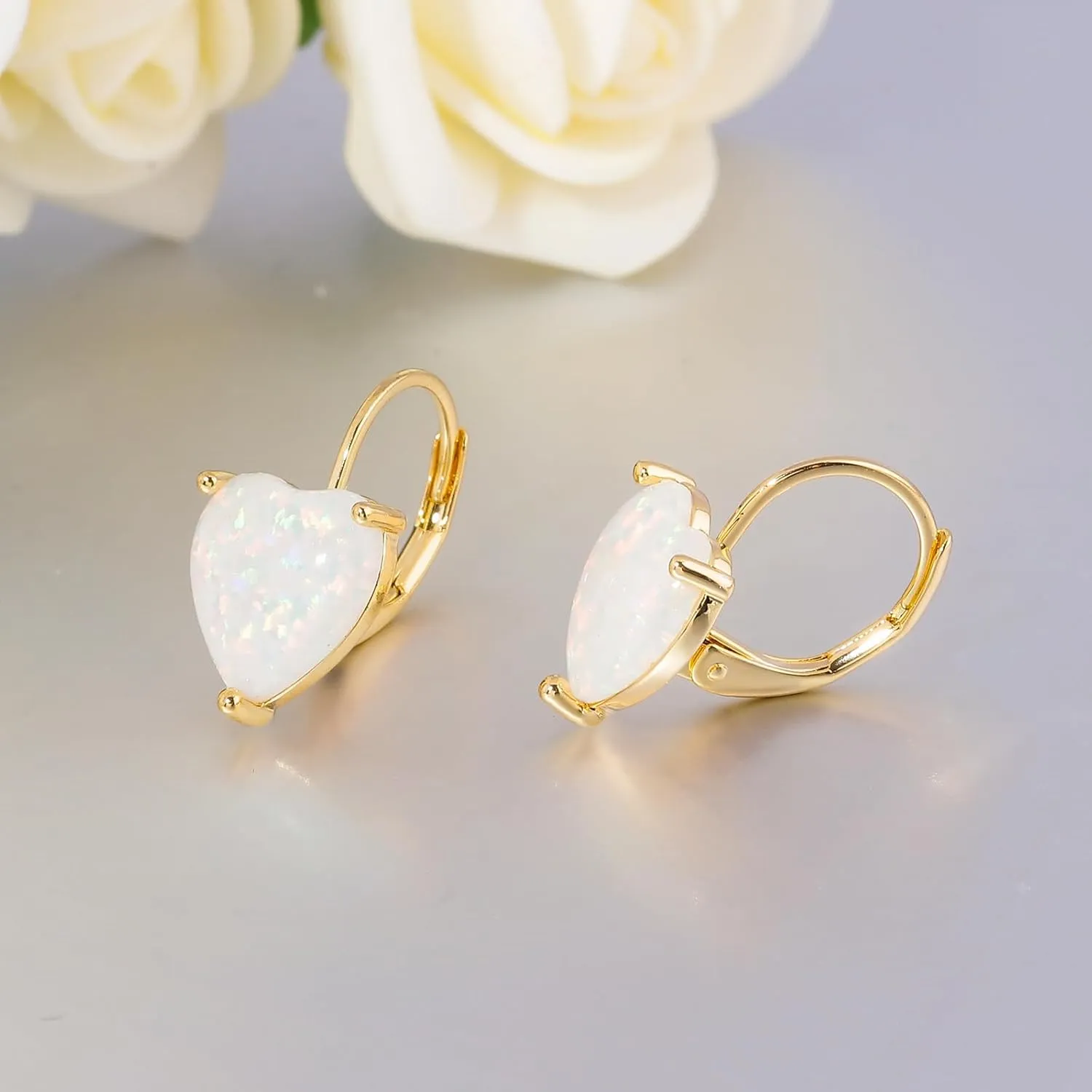 CiNily Heart Opal Earrings Short Leverback Drop Earrings for Women Hypoallergenic, Pendant Earrings 14K White Gold / Rose Gold Plated Hanging Lever Earrings Opal Hoops Fashion Jewelry Gifts for Sensitive Ears