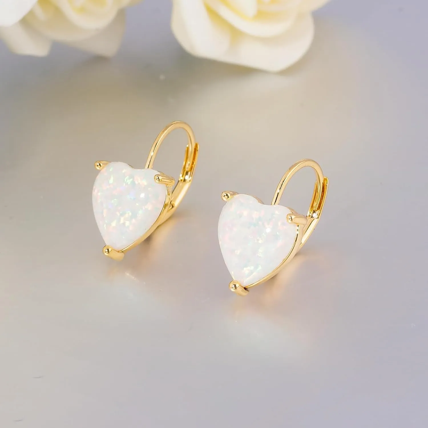CiNily Heart Opal Earrings Short Leverback Drop Earrings for Women Hypoallergenic, Pendant Earrings 14K White Gold / Rose Gold Plated Hanging Lever Earrings Opal Hoops Fashion Jewelry Gifts for Sensitive Ears