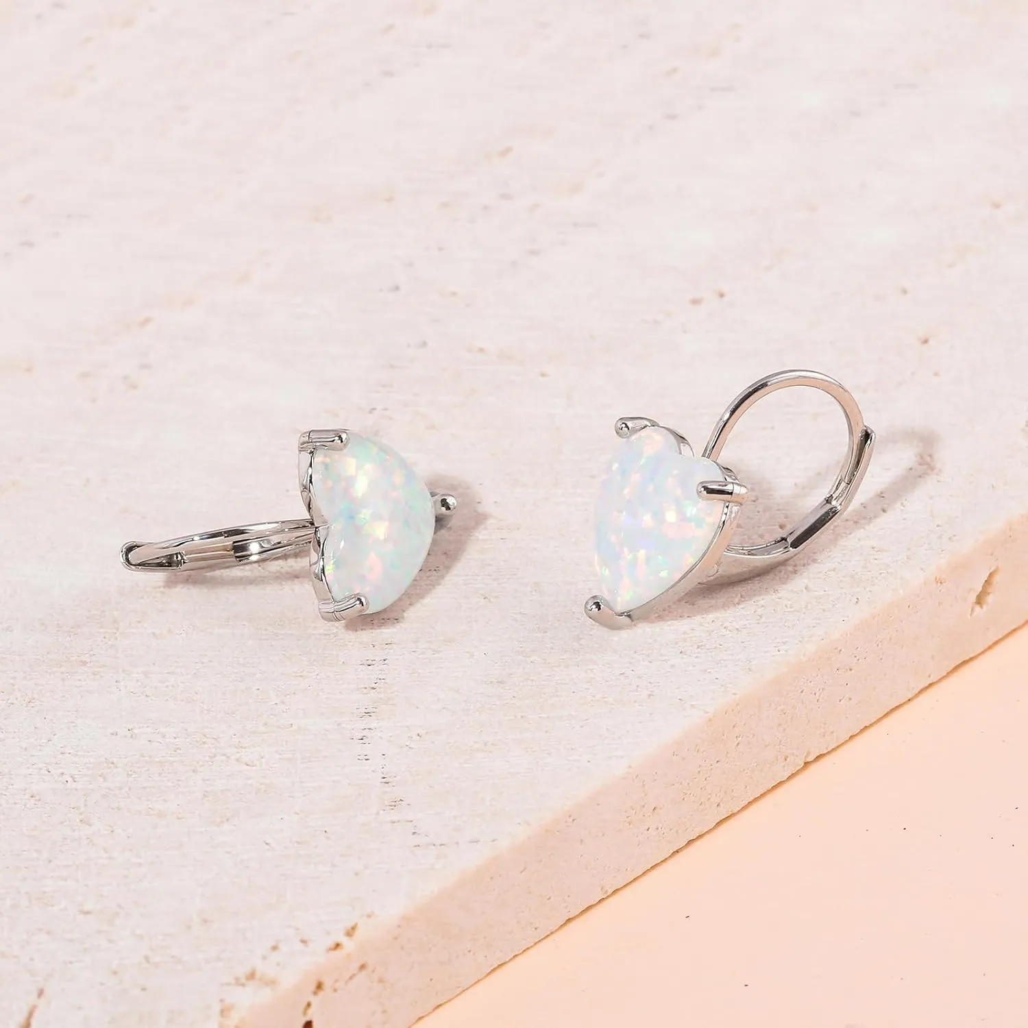 CiNily Heart Opal Earrings Short Leverback Drop Earrings for Women Hypoallergenic, Pendant Earrings 14K White Gold / Rose Gold Plated Hanging Lever Earrings Opal Hoops Fashion Jewelry Gifts for Sensitive Ears