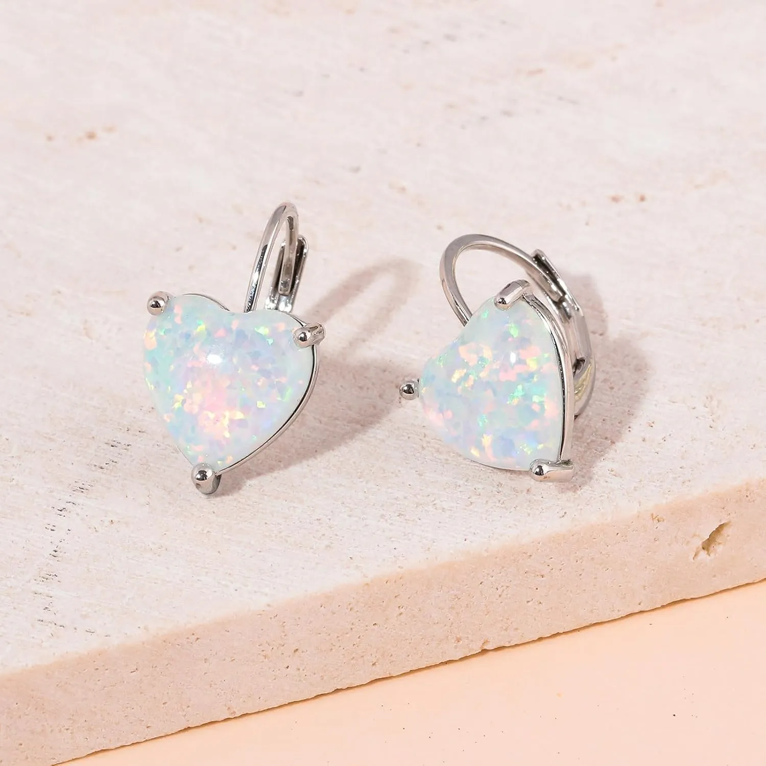 CiNily Heart Opal Earrings Short Leverback Drop Earrings for Women Hypoallergenic, Pendant Earrings 14K White Gold / Rose Gold Plated Hanging Lever Earrings Opal Hoops Fashion Jewelry Gifts for Sensitive Ears