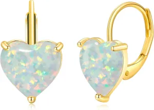 CiNily Heart Opal Earrings Short Leverback Drop Earrings for Women Hypoallergenic, Pendant Earrings 14K White Gold / Rose Gold Plated Hanging Lever Earrings Opal Hoops Fashion Jewelry Gifts for Sensitive Ears