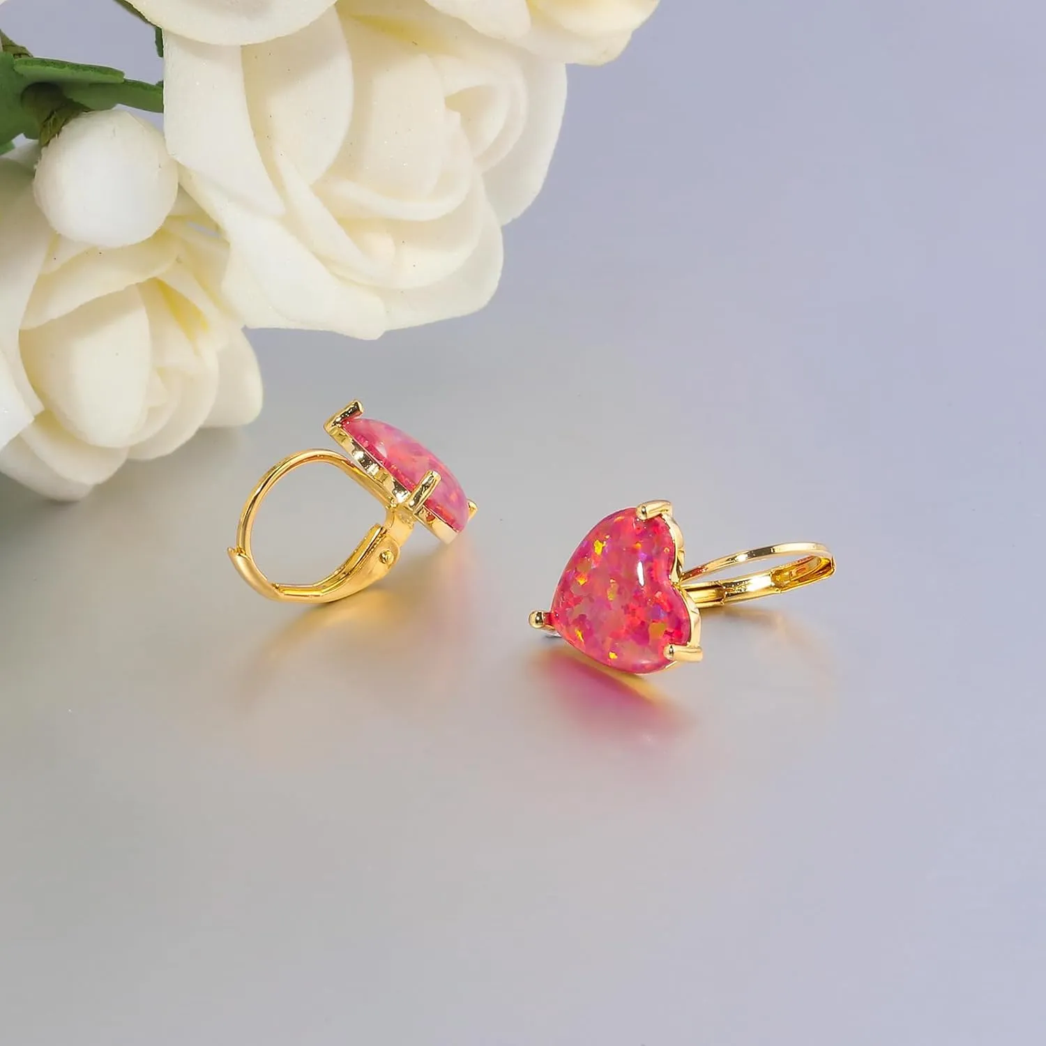 CiNily Heart Opal Earrings Short Leverback Drop Earrings for Women Hypoallergenic, Pendant Earrings 14K White Gold / Rose Gold Plated Hanging Lever Earrings Opal Hoops Fashion Jewelry Gifts for Sensitive Ears