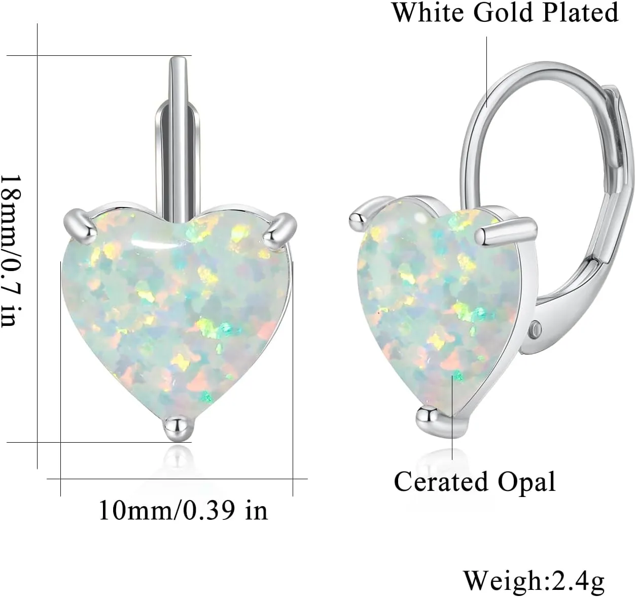 CiNily Heart Opal Earrings Short Leverback Drop Earrings for Women Hypoallergenic, Pendant Earrings 14K White Gold / Rose Gold Plated Hanging Lever Earrings Opal Hoops Fashion Jewelry Gifts for Sensitive Ears